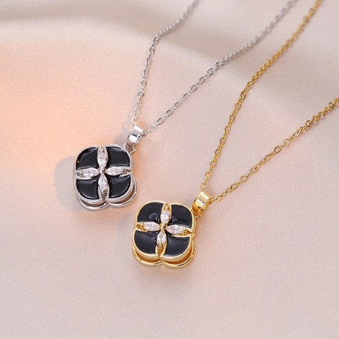 Rotating Windmill Four Leaf Clover Necklace Stainless Steel Black Enamel Zircon Clavicle Chain For Women