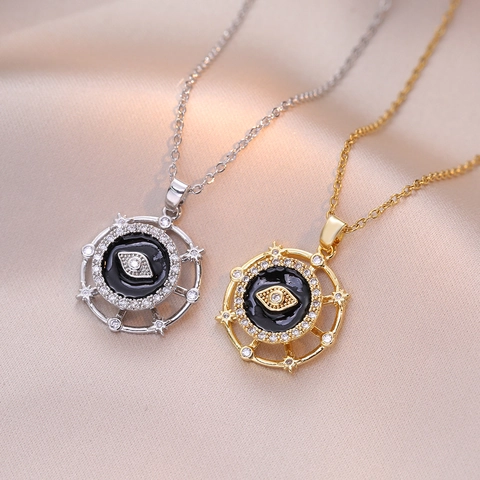 Collana Con Ciondolo Occhio Del Male Rotante Acciaio Al Titanio Smalto Strass Stella Gioielli Donna