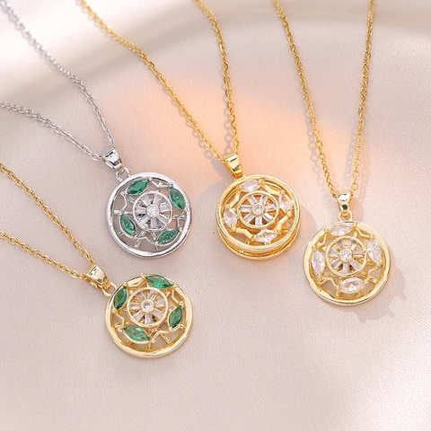 Rotierende Anhänger Kette Für Damen Titanstahl Smaragd Zirkonia Sonnenrad Blumenform Modeschmuck