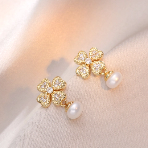 Pendientes De Trébol Con Perla De Agua Dulce Circón Cobre Chapado En Oro 925 Plata Esterlina Para Mujeres