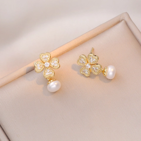 Pendientes De Trébol Con Perla De Agua Dulce Circón Cobre Chapado En Oro 925 Plata Esterlina Para Mujeres