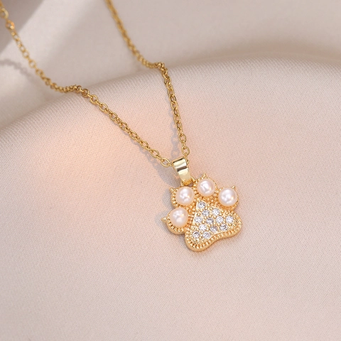 Cat Paw Pendant Necklace Titanium Steel Freshwater Pearl Pave Zircon Clavicle Chain Elegant Niche Jewelry For Women