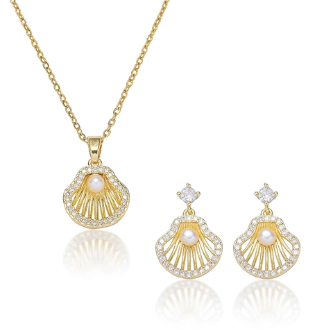 Schelpvormige Zoetwaterparel Ketting En Oorbellen Met Zirkoon Titanium Staal 925 Sterling Zilveren Oorsteker Voor Dames