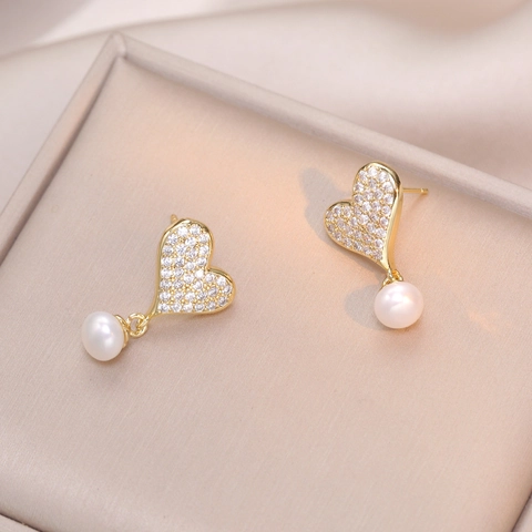 Orecchini Cuore Perla Acqua Dolce Zircone Con Perno In Argento Sterling 925 Stile Francese Per Donne