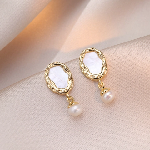 Orecchini Pendenti Ovali Retrò In Conchiglia Di Abulone E Perla D'acqua Dolce Con Perno In Argento Sterling 925 Donna