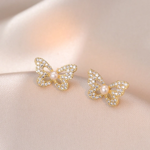 Orecchini A Lobo Farfalla Zirconia Cubica Perla D'acqua Dolce Rame Con Perno In Argento Stile Coreano Elegante Donna