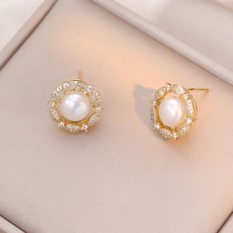Pendientes Camelia Perla De Agua Dolce Zirconia Cobre Base 925 Sterling Silver Earring Post Vintage Para Mujeres