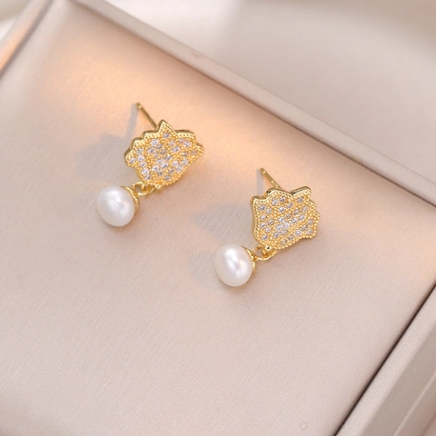 Orecchini A Fiore Di Rosa Con Zircone E Perla D'acqua Dolce E Perno In Argento Gioielli Eleganti Stile Coreano