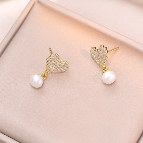 Pixelated Heart Drop Earrings With Freshwater Pearl And 925 Sterling Silver Earring Post For Women Golden Fashion