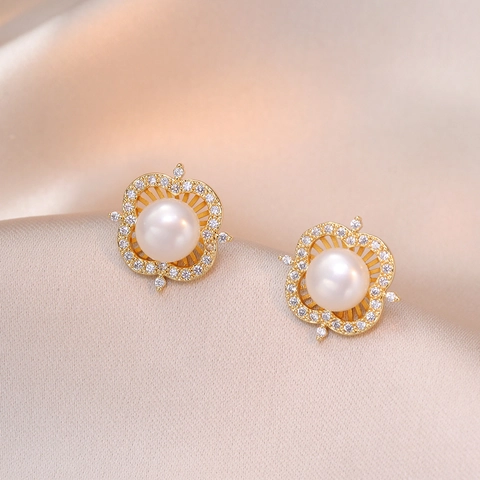 Boucles D'oreilles Camélia Süßwasserperle Avec Tige En Argent Cuivre Strass Bijoux Élégants Pour Femmes