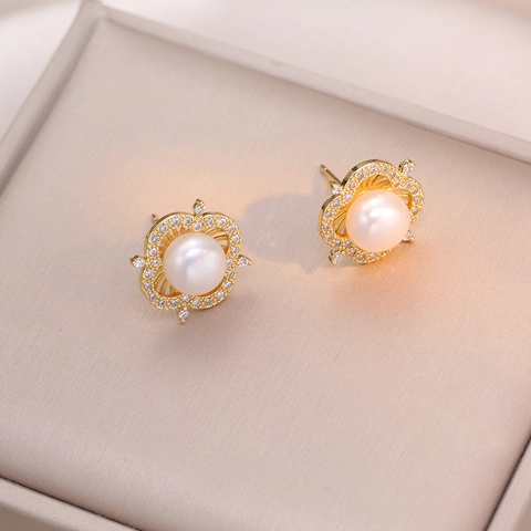 Boucles D'oreilles Camélia Süßwasserperle Avec Tige En Argent Cuivre Strass Bijoux Élégants Pour Femmes