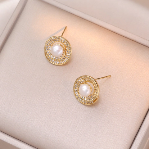 Boucles D'oreilles Géométriques En Perles D'eau Douce Zircone Spirale Cuivre Bijoux Avec Tige En Argent Sterling 925 Femme