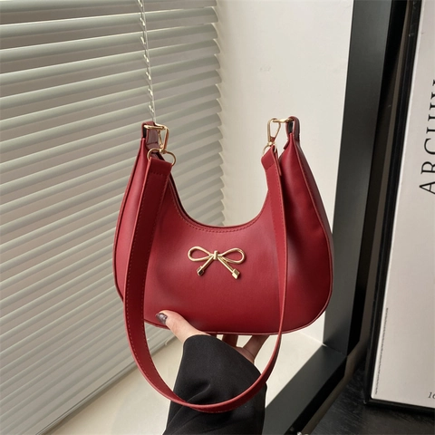 Bolso de Hombro Hobo para Mujer de Cuero PU con Lazo Vintage Chic Bolso de Axila Color Sólido Bolso de Mano con Cremallera para Uso Diario