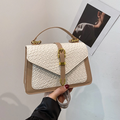 Women Woven Texture PU Leather Small Square Bag Contrast Color Printed Wide Shoulder Strap Fashion Crossbody Handbag Chic Satchel