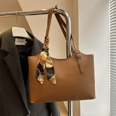 Borsa Tote Da Donna In Pelle PU Capiente Con Foulard Decorativo Vintage Cuciture A Contrasto Borsa A Tracolla Per Lavoro
