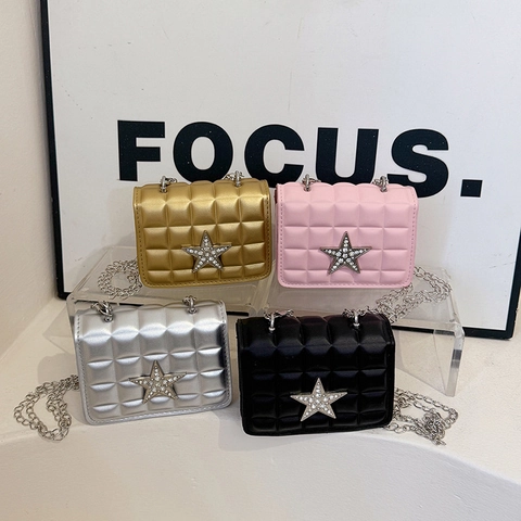Borsa Quadrata Mini Trapuntata in Pelle PU Donna Con Stella in Strass Tracolla a Catena in Metallo Borsa a Tracolla Moda