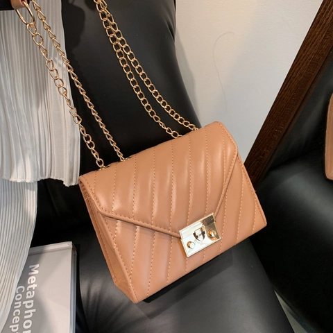 Women Quilted Crossbody Bag PU Leather V-shaped Chevron Pattern Square Bag With Gold Chain Strap Metal Lock