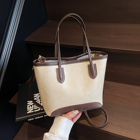 Bolso Tote Retro de Cuero PU para Mujer Bolso de Cubo con Bloques de Color Con Correa de Hombro Ajustable Bolso de Mano Versátil Diario