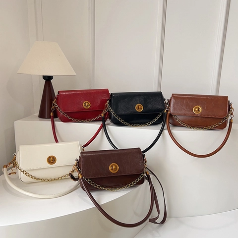 Borsa a Spalla in Pelle PU Retrò per Donna Catena Oro Chiusura a Rotazione Borsa a Tracolla Borsa Sottobraccio Quadrata Moda Pendolare