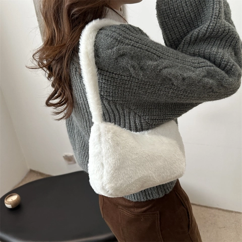 Bolso Bajo el Brazo de Peluche de Color Sólido para Mujer Bolso de Hombro de Piel Sintética Suave y Cálido de Invierno
