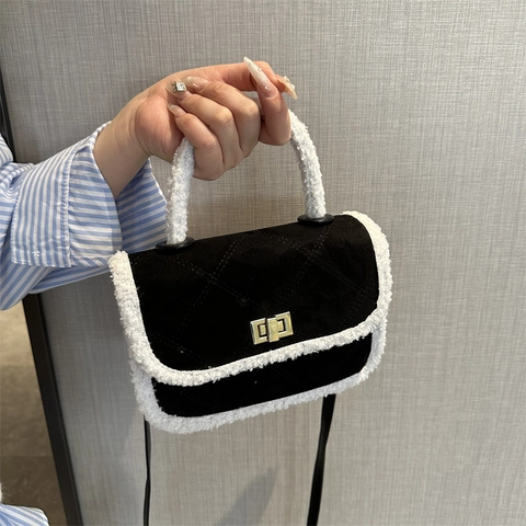 Women Vintage Quilted Rhombus Faux Sherpa Trim Handbag Suede Small Square Crossbody Bag With Gold Lock Adjustable Strap