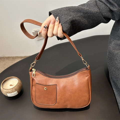 Dames Retro PU Leren Oksel Schoudertas Minimalistische Hobo Handtas Met Voorvak Gouden Gesp Ritssluiting
