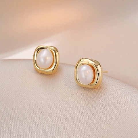 Freshwater Pearl Irregular Square Stud Earrings With 925 Sterling Silver Earring Post Elegant French Style For Women