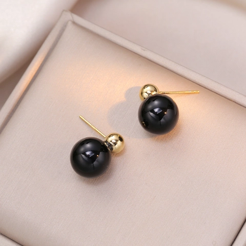 Doppel-Kugel-Ohrstecker mit 925 Sterling Silber Ohrstecker Minimalistischer Goldbeschichteter Kupfer Schwarz Glänzend