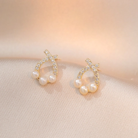 Freshwater Pearl Stud Earrings With 925 Sterling Silver Earring Post Hollow Intertwined Zircon Flower Elegant Jewelry