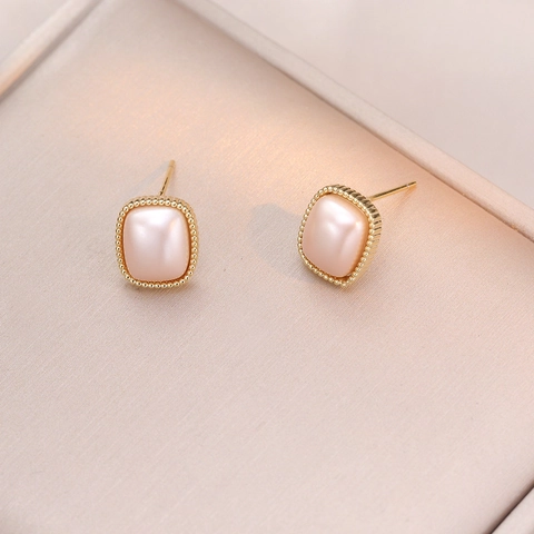 Geometric Square Shell Artificial Pearl Stud Earrings Vintage Elegant Copper Beaded Jewelry With 925 Sterling Silver Earring Post