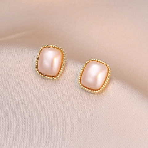 Geometric Square Shell Artificial Pearl Stud Earrings Vintage Elegant Copper Beaded Jewelry With 925 Sterling Silver Earring Post