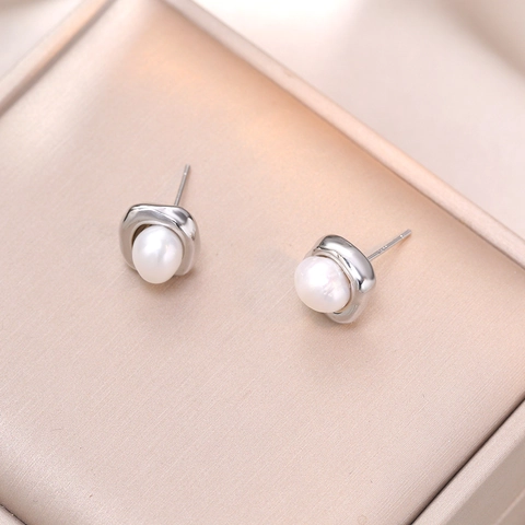 Pendientes de Botón de Perlas Artificiales Cuadradas Irregulares Con Poste de Plata de Ley 925 Minimalistas de Metal Líquido Geométricos Joyería para Mujer