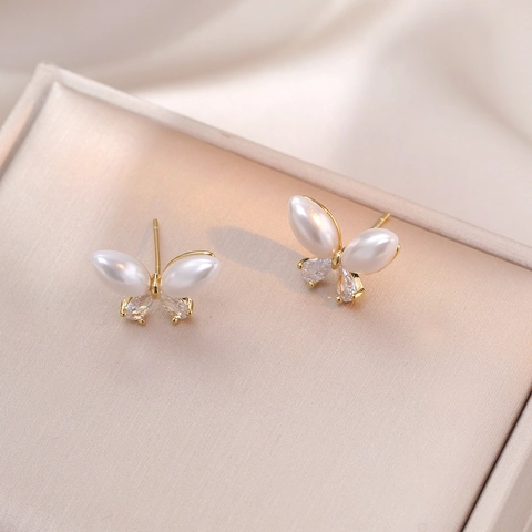 Butterfly Stud Earrings Marquise Artificial Pearl Zircon Inlay With 925 Sterling Silver Earring Post Elegant Niche Design Jewelry Women