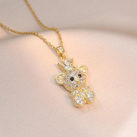 Collana Con Ciondolo Orso Corona In Lega Con Zirconia Cubica Incastonata Gioielli Di Moda Per Donna