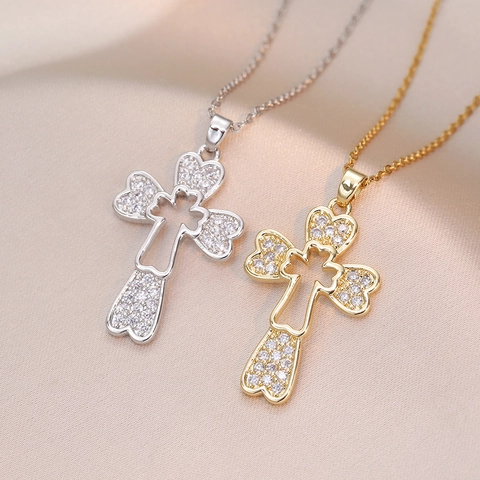 Heart Shape Cross Pendant Necklace Stainless Steel With Zirconia Inlay Double Layer Fashion Elegant Jewelry For Women