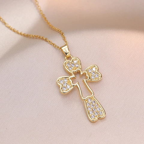 Heart Shape Cross Pendant Necklace Stainless Steel With Zirconia Inlay Double Layer Fashion Elegant Jewelry For Women