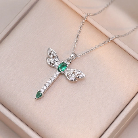 Libellen Anhänger Halskette Titanstahl Mit Zirkon Und Wassertropfen Edelstein Modeschmuck Für Damen