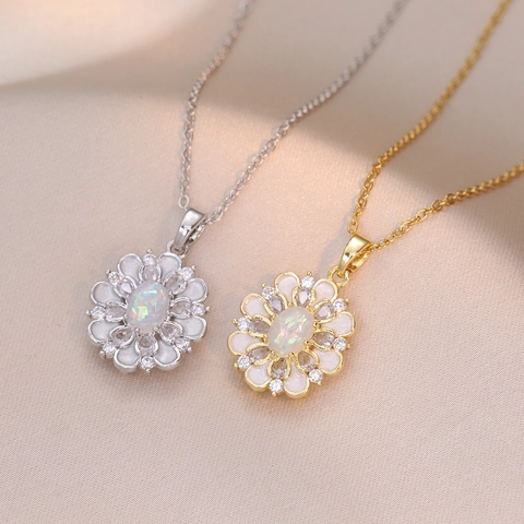 Elegant Flower Pendant Necklace With Opal And Zircon Inlaid Stainless Steel White Enamel Jewelry For Women