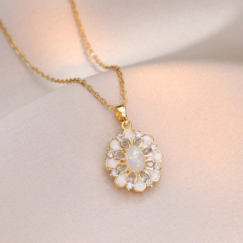 Elegant Flower Pendant Necklace With Opal And Zircon Inlaid Stainless Steel White Enamel Jewelry For Women