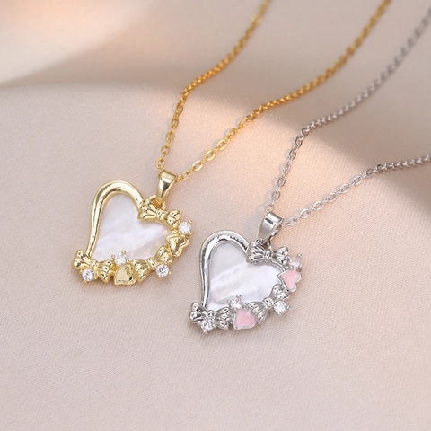 Titanium Staal Hart Hanger Halsketting Vrouwen Goud Zilver Verguld Parelmoer Schelp Zirkonia Strik Emaille Sieraden