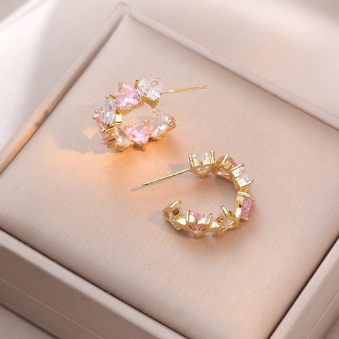 Herzförmige Zirkonia Creolen Kupfer Rosa Kristall C-Form Ohrstecker Für Damen Dating Party Vintage Eleganter Schmuck