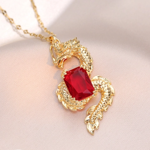 Collana Con Ciondolo Dragone Stile Cinese Retrò Acciaio Inossidabile Con Zircone Rosso Gioielli Eleganti Regalo Per Donna