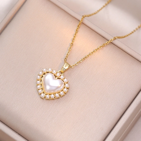 Hartvormige Kunstparel Hanger Ketting Roestvrij Staal Verguld Elegante Mode Sieraden Voor Dames