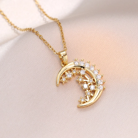 Collana Con Pendente Luna E Stella Acciaio Inossidabile Micro Pavé Zircone Placcato Oro Gioielli Per Donna