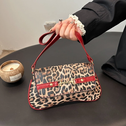 Women Leopard Print Underarm Bag Retro Baguette Shoulder Bag With Gold Horsebit Buckle PU Leather Small Square Handbag