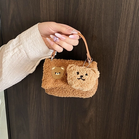 Damen Mini Teddy Fleece Handtasche Mit Süßer Bären Stickerei Plüsch Kleine Umhängetasche Retro Streetwear Kleiner Tote Mode Tasche