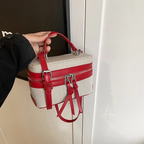 Borsa a Mano in Tela Patchwork da Donna con Rifiniture in Pelle PU Borsa a Scatola Doppia Cerniera Tracolla Nappine