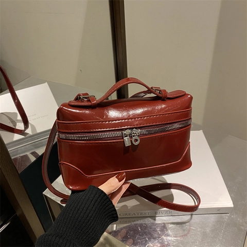 Bolso de Hombro Minimalista para Mujer Cuero PU Brillante Forma Caja Retro Color Sólido Bolso de Mano con Asa Superior Plateado
