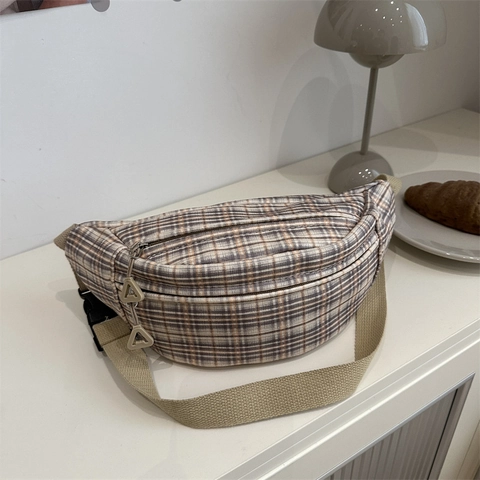 Bolso de Pecho de Cuadros Retro para Mujer Nylon Crossbody Riñonera Minimalista de Moda Correa Ajustable Bolsa con Cremallera Viaje Casual