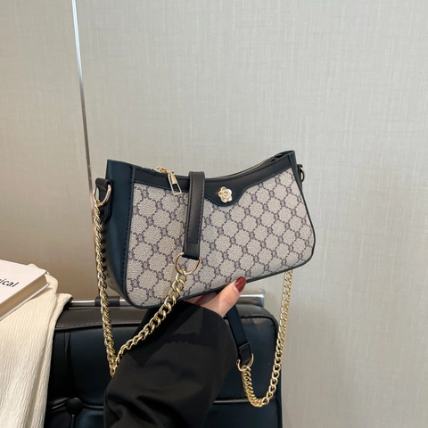 Vintage Französischer Stil Monogramm Unterarmtasche Für Damen Luxus Goldkette Umhängetasche Retro Muster Kunstleder Tasche